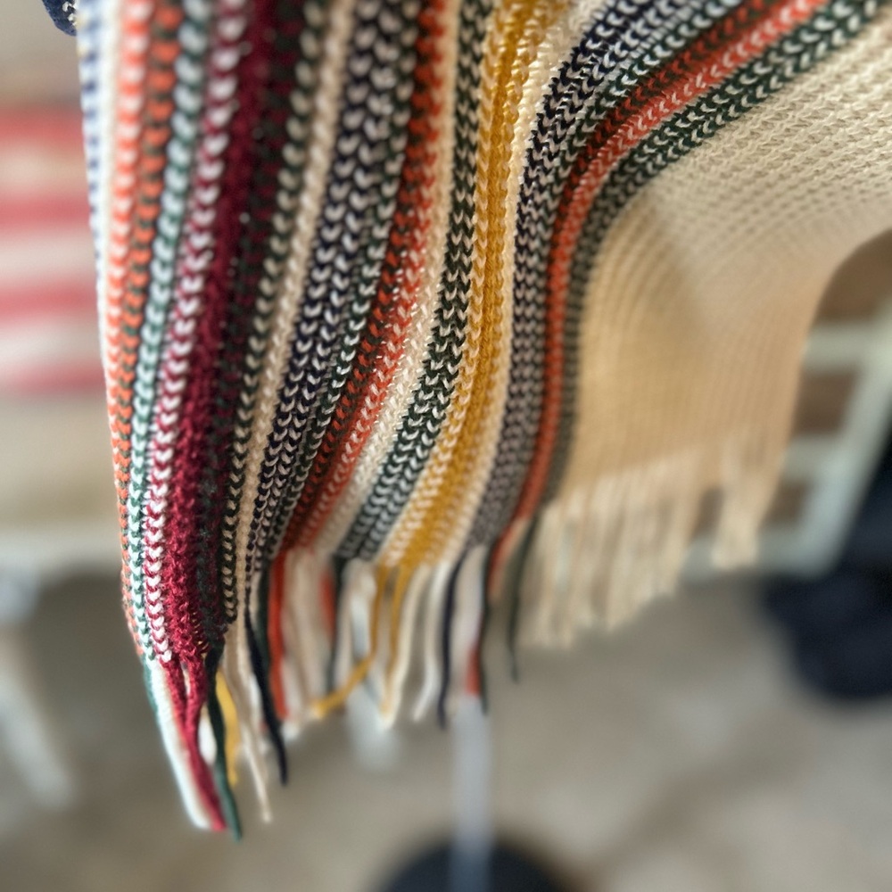 Faux Fur Trim Knit Poncho with Striped Detail - Picture 6 of 8